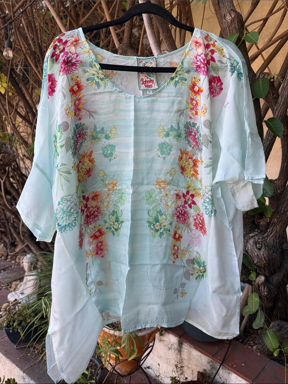 Johnny Was Mint Blue Floral Sheer Tunic
